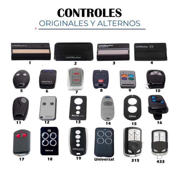 Controles originales y alternos de motores de garaje.